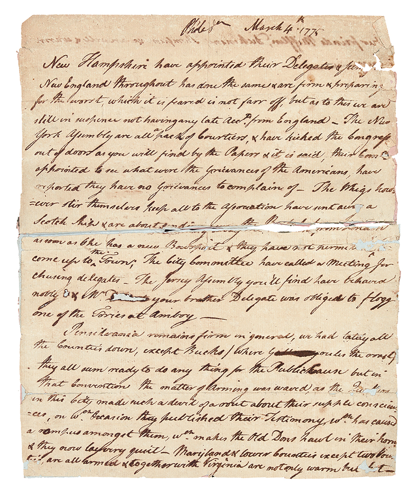 (AMERICAN REVOLUTION--PRELUDE.) Fragmentary letter reporting on the delegates to the pending Second Continental Congress.